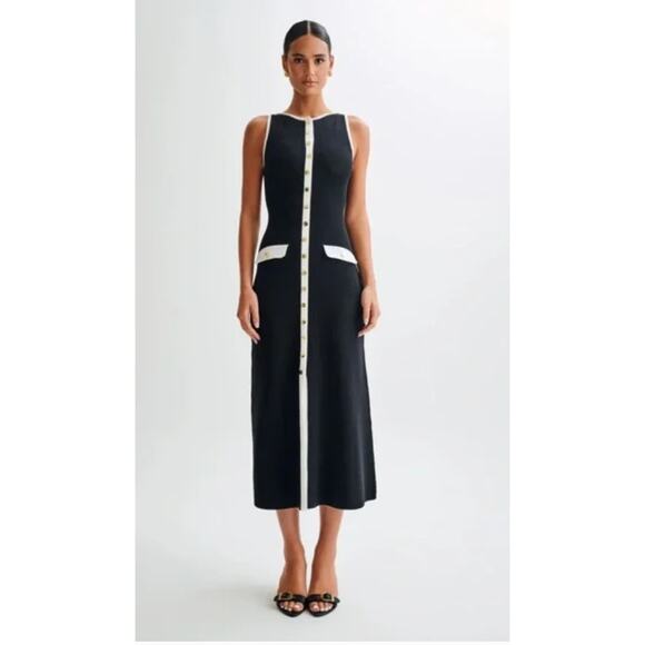 (S) NWT Meshki /Evenuel Sawyer Contrast Button Ribbed Maxi Dress Black/White - Picture 1 of 12